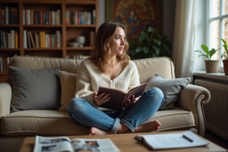 Jeune femme contemplant dans un salon cosy avec livres