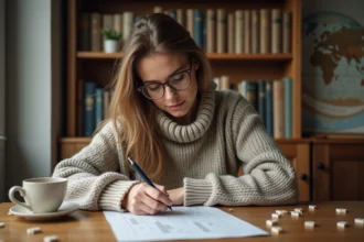 Femme en sweater lisant un livre de mots croises à la maison
