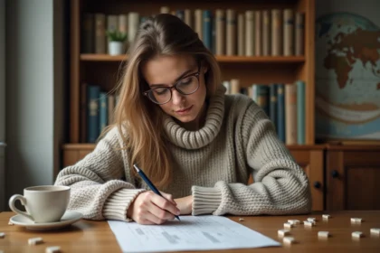 Femme en sweater lisant un livre de mots croises à la maison