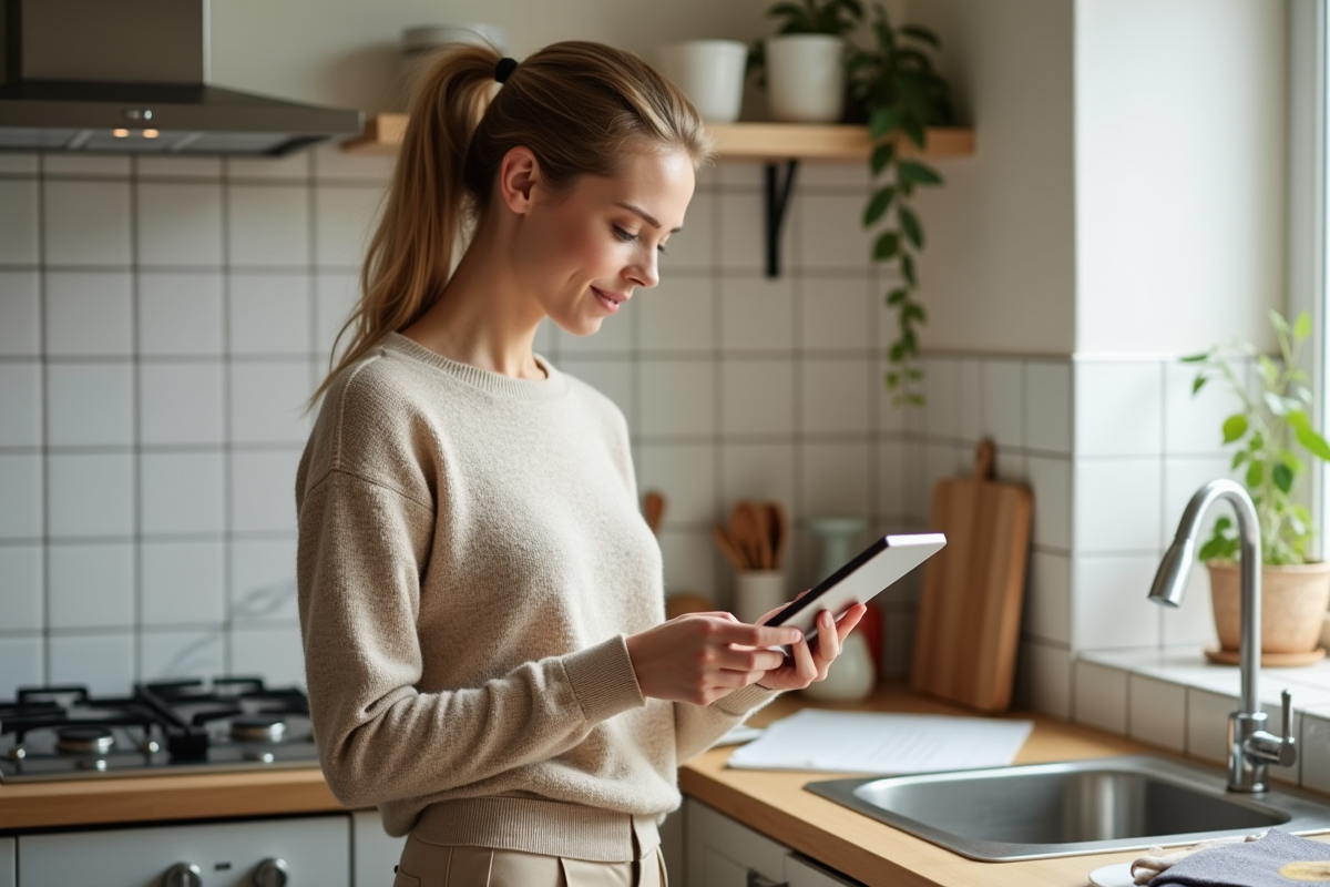 Jeune femme vérifiant ses taux d intérêt sur une tablette à la maison