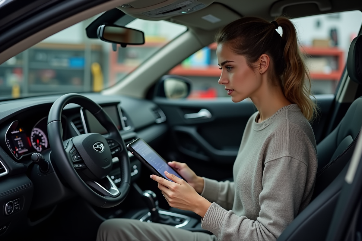 Femme utilisant un diagnostic auto dans l