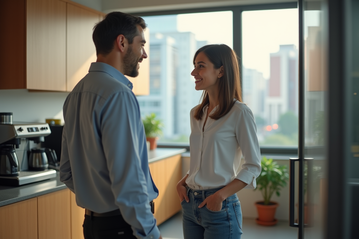 Femme en tenue décontractée discutant avec un collègue dans la cuisine