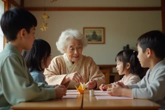 Femme japonaise âgée passant un origami à un enfant