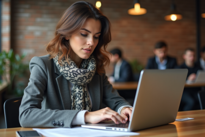Femme entrepreneure en blazer dans un espace coworking moderne