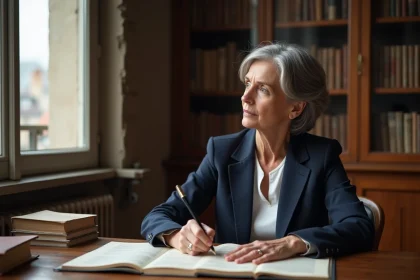 Femme aux cheveux grisonnants travaillant dans un bureau parisien avec vue sur les toits, évoquant l'exil volontaire et la vie intellectuelle en Europe