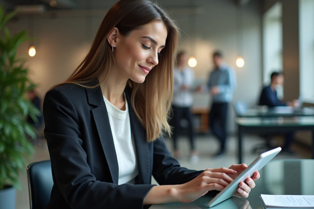 Jeune femme en blazer consulte des données financières sur une tablette