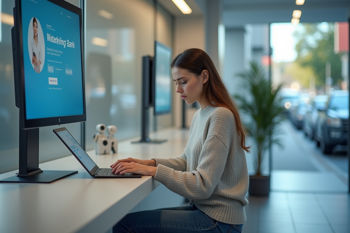 Jeune femme fâchée utilisant une borne bancaire numérique