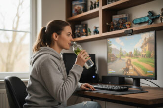 Jeune femme concentrée devant son ordinateur gaming
