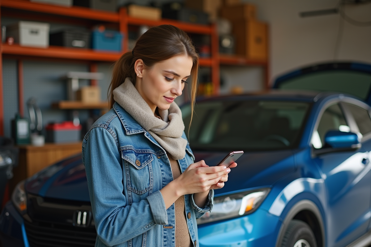 Jeune femme vérifiant la batterie de sa voiture dans un garage