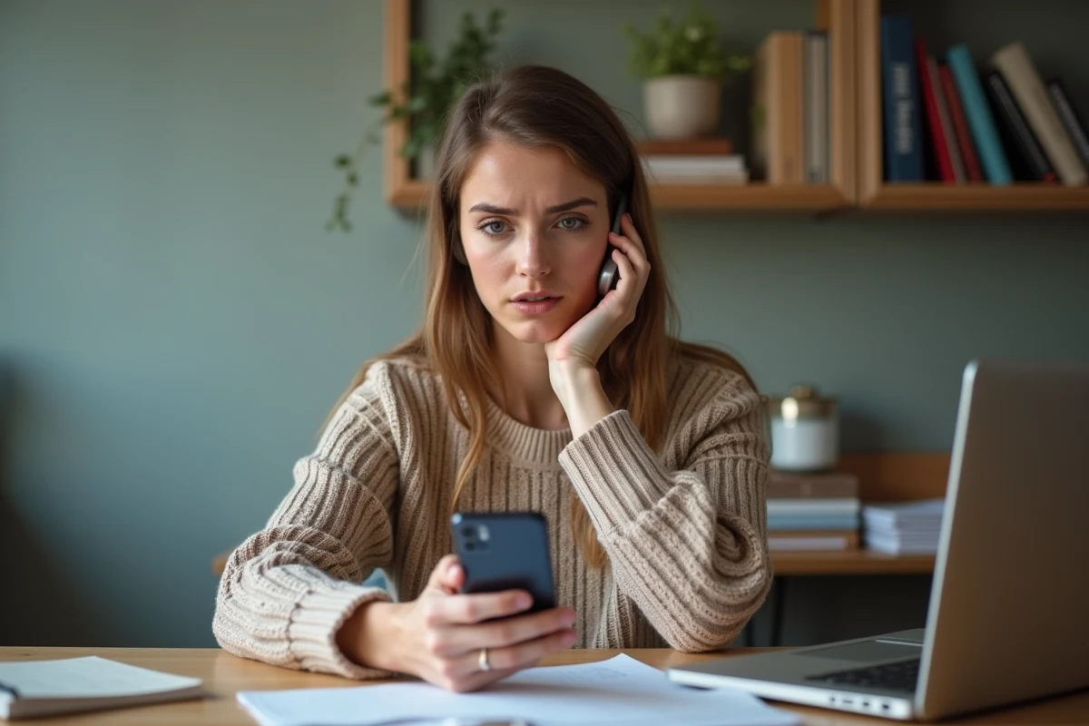 Jeune femme hésitant à répondre à un appel sur son smartphone dans un bureau à domicile