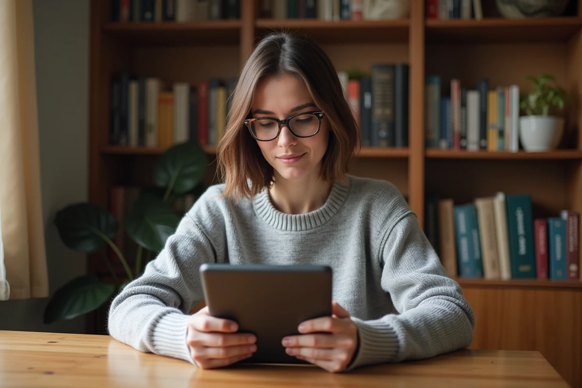Femme lisant des ebooks sur une tablette numérique dans un bureau à domicile entouré de livres