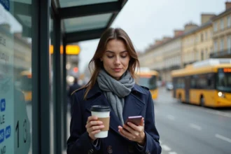 Femme dans un trench bleu à Lyon vérifiant son smartphone