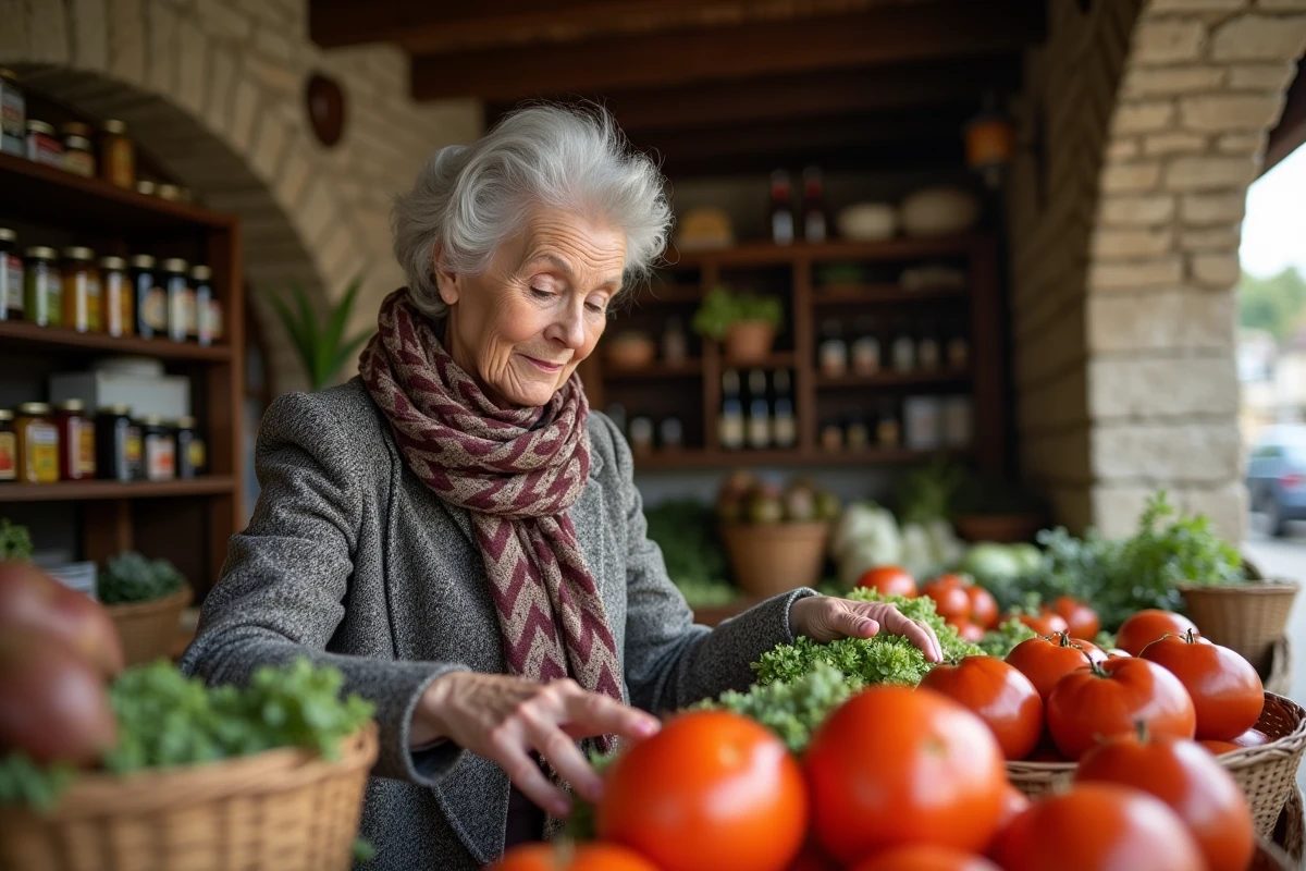 Femme âgée achetant des légumes dans un marché local