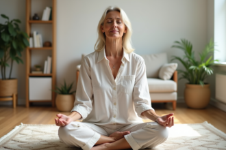 Femme méditant assise sur un tapis dans un salon lumineux