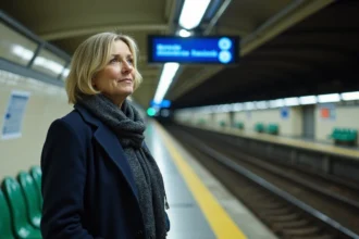 Femme dans le metro de Paris regardant l'écran d'information