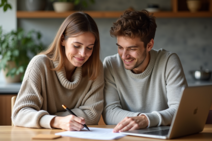 Femme d'âge moyen et son fils examinent des documents immobiliers à la maison