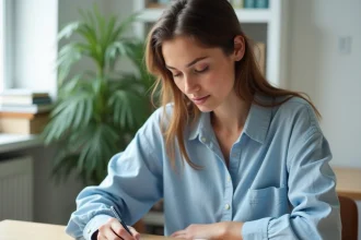 Jeune femme prenant des notes sur la conjugaison du futur simple dans un carnet ouvert, assise à un bureau en bois dans un bureau à domicile minimaliste