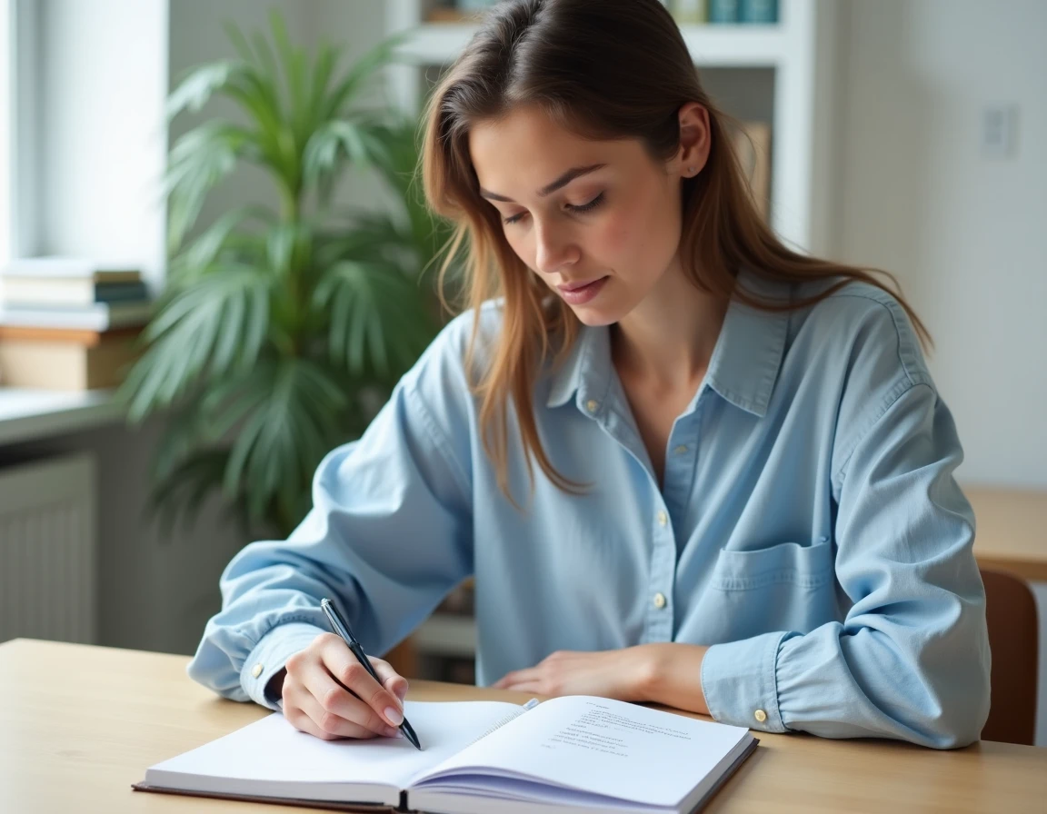 Jeune femme prenant des notes sur la conjugaison du futur simple dans un carnet ouvert, assise à un bureau en bois dans un bureau à domicile minimaliste