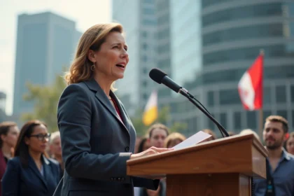 Femme en blazer parlant lors d un discours en ville