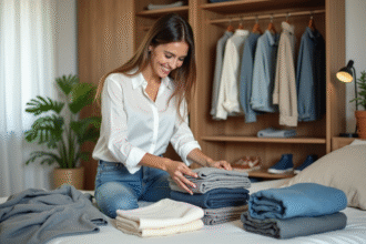 Femme pliant des vêtements dans une chambre lumineuse