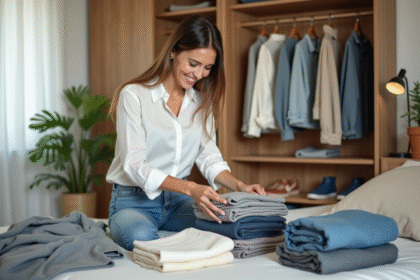 Femme pliant des vêtements dans une chambre lumineuse