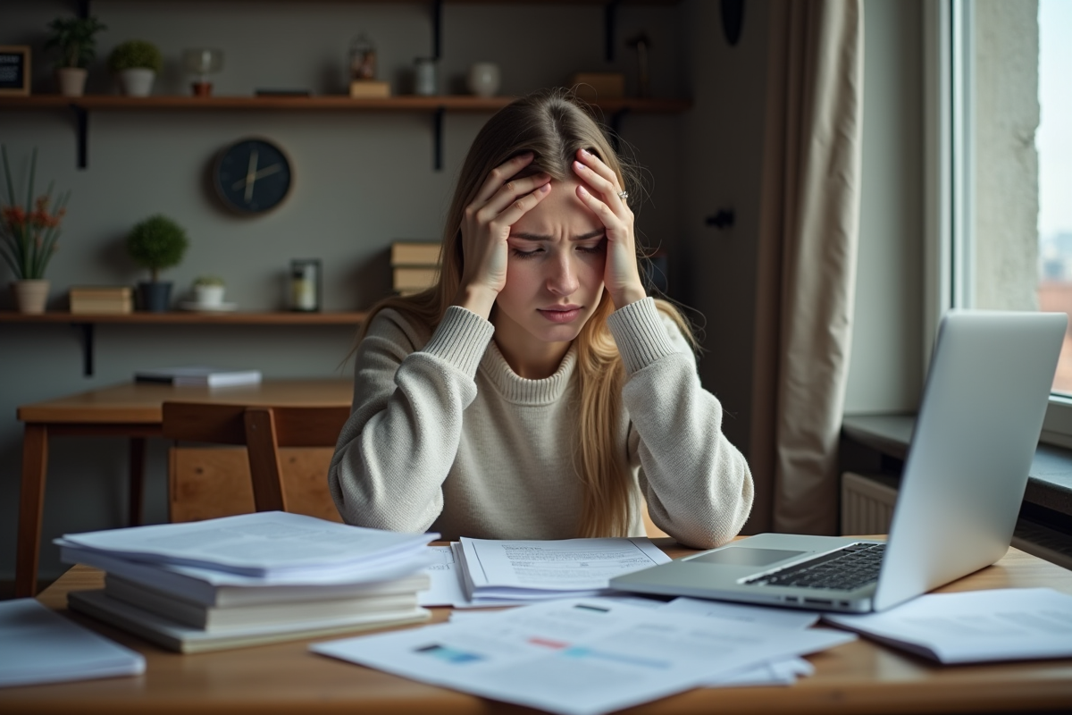 Jeune femme pensant avec papiers dans un appartement modeste