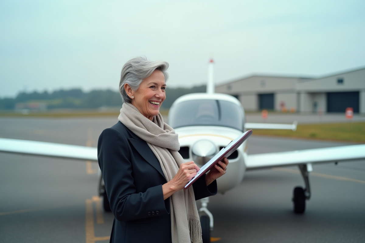 Femme âgée vérifiant un avion léger sur le tarmac