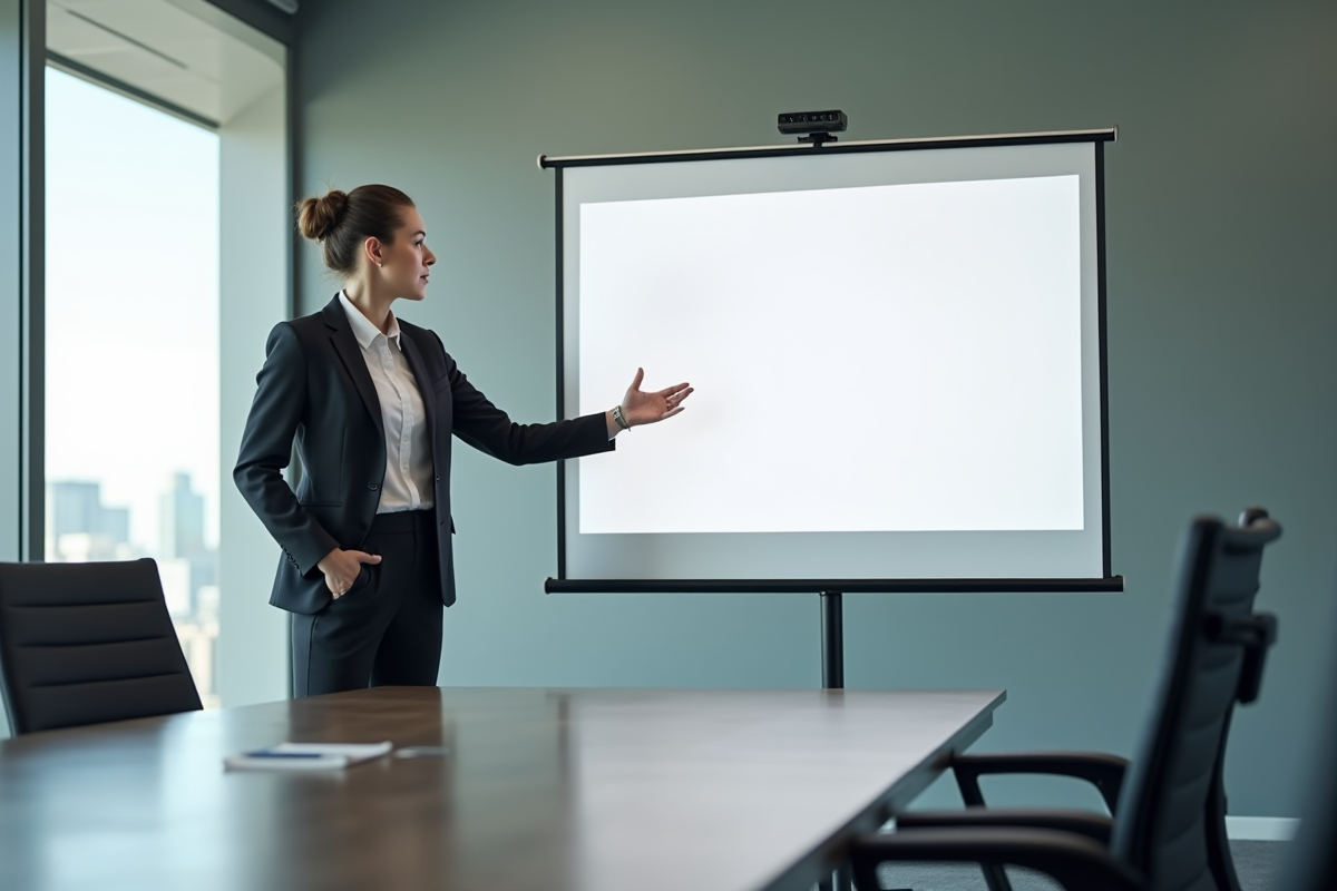 Jeune femme en réunion avec un ecran de projection dans un bureau