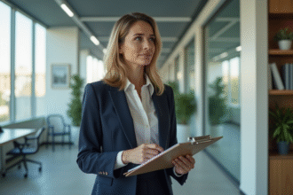 Femme professionnelle en blazer dans un bureau moderne