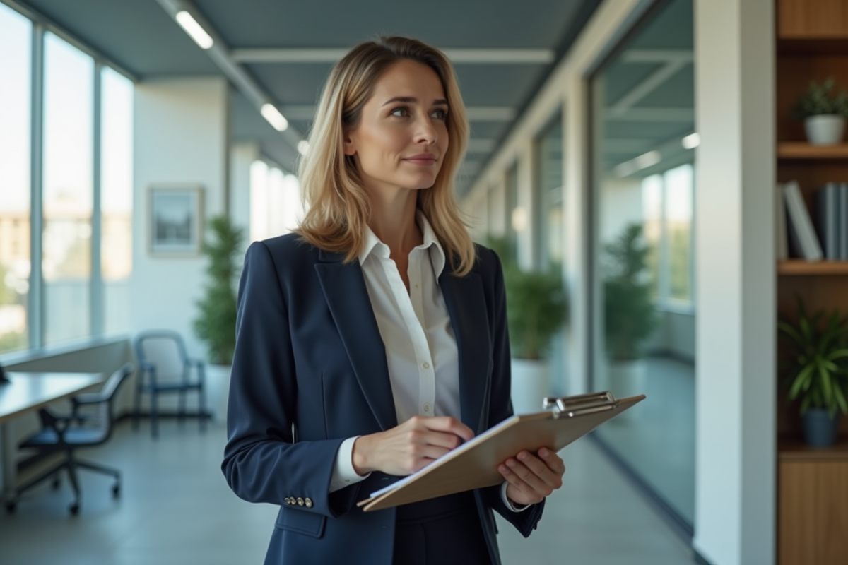 Femme professionnelle en blazer dans un bureau moderne