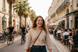 Jeune femme professionnelle riant dans la rue de Montpellier