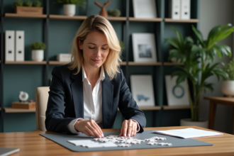 Femme en tenue professionnelle assemble des pièces de puzzle