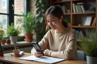 Femme pensant à son journal dans un salon cosy