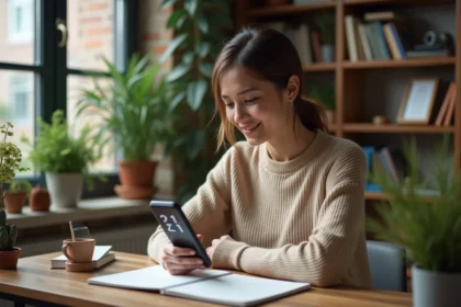 Femme pensant à son journal dans un salon cosy