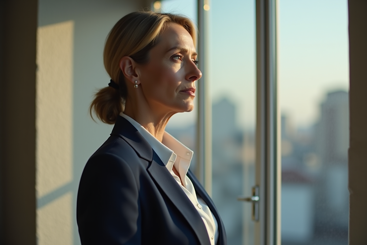 Femme d'âge moyen regardant par la fenêtre pour l'article {titre}