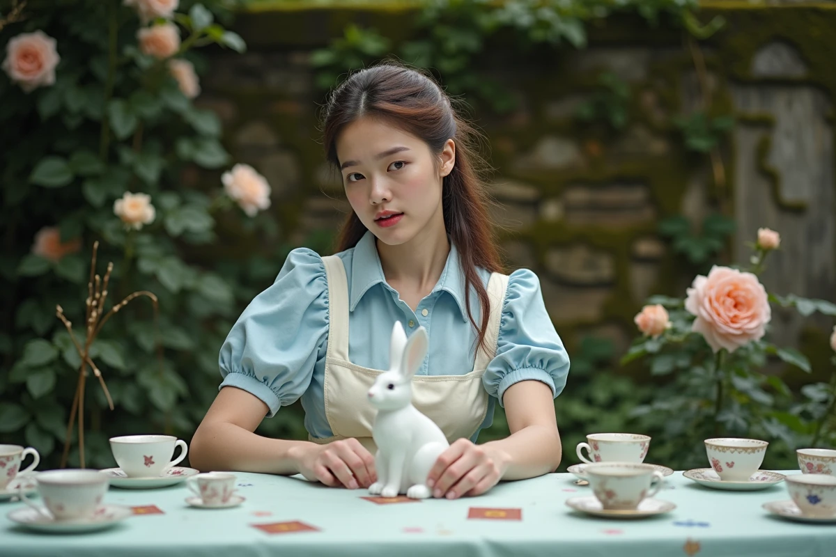 Jeune femme en robe bleue vintage assise à une table de thé décorée de tasses en porcelaine et d'une figurine de lapin blanc dans un jardin aux murs en pierre couverts de lierre