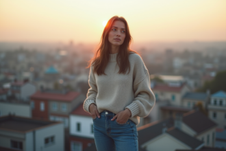 Femme contemplant la ville au lever du soleil sur un toit
