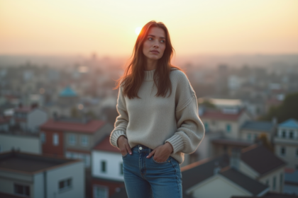 Femme contemplant la ville au lever du soleil sur un toit