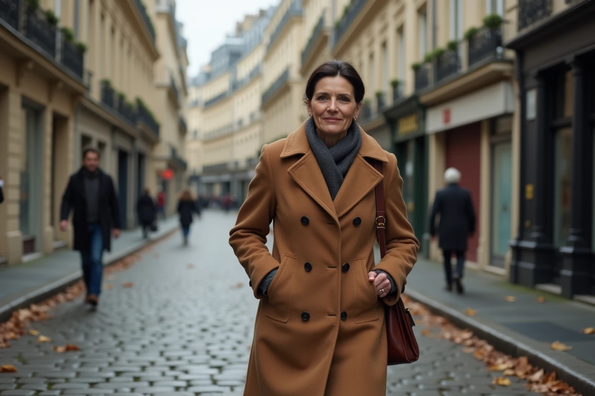 Femme marchant seule dans une rue pavée parisienne en automne, illustrant une nouvelle vie en France après avoir quitté la Colombie