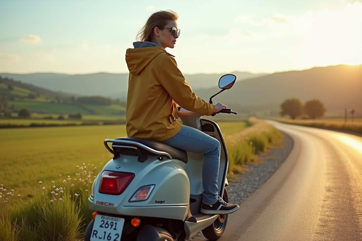 Jeune femme relaxant sur scooter 50cc en campagne