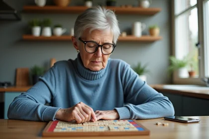 Femme d'âge moyen jouant au Scrabble dans la cuisine