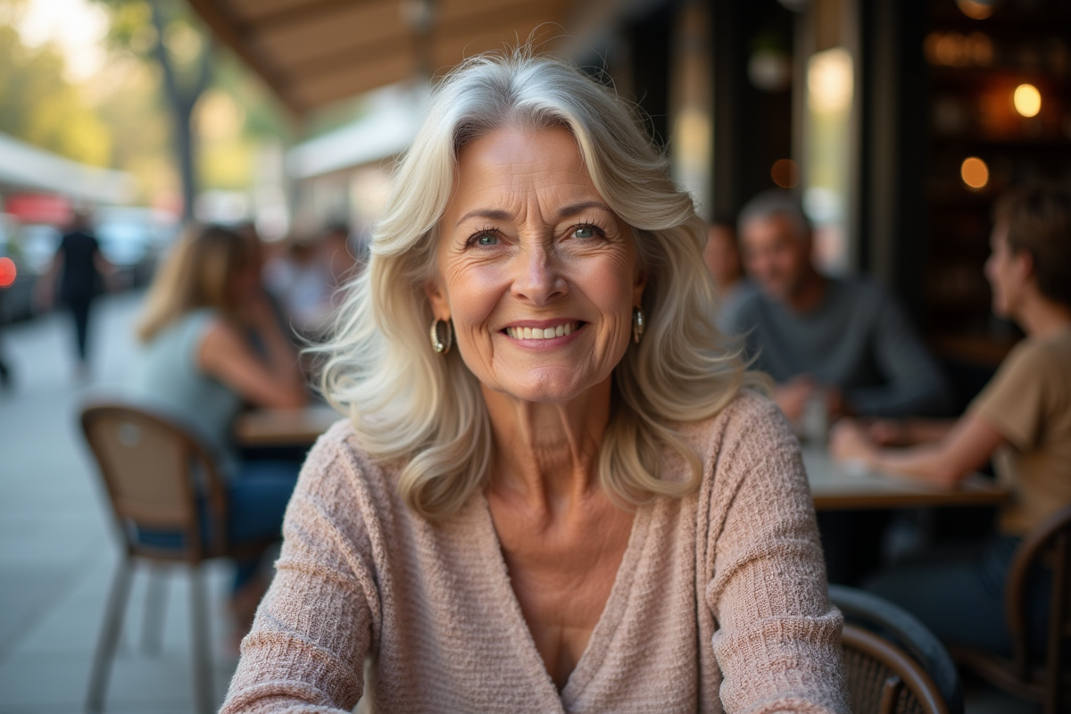 Femme de 70 ans aux cheveux ondulés assise en terrasse ensoleillée