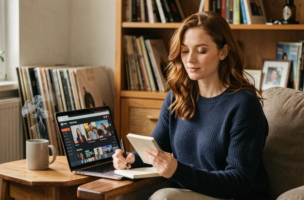 Femme écoutant des séries Netflix entourée de vinyles et d'un carnet de paroles, évoquant les chanteuses anglaises populaires