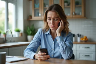 Femme d'âge moyen utilisant son smartphone dans la cuisine