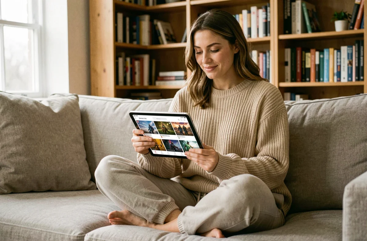 Femme sur canapé utilisant l'application X sur tablette pour suivre l'actualité gaming dans un salon moderne