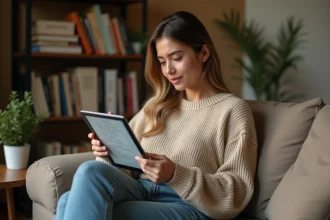Jeune femme hésitant entre lecture illégale et abonnement légal de livres numériques sur tablette dans un appartement cosy