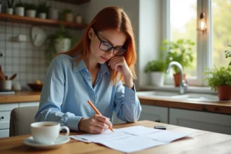 Femme concentrée réalisant un test de personnalité dans une cuisine lumineuse