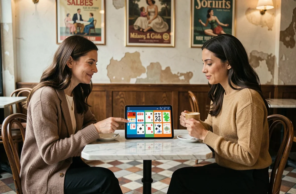 Deux femmes jouant ensemble à la belote coinchée en ligne sur une tablette dans un café parisien