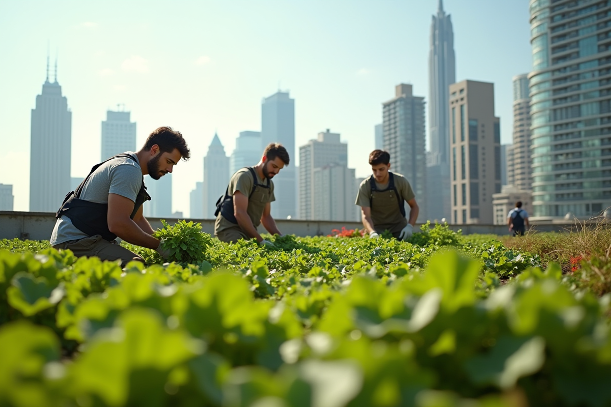 Ferme urbaine sur le toit avec jeunes entrepreneurs récoltant des produits frais