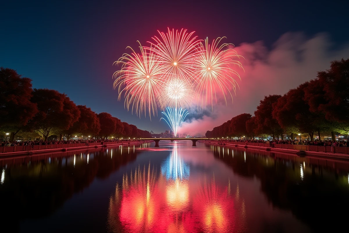 Feu d'artifice du 14 juillet se reflétant sur le lac du Héron à Villeneuve d'Ascq